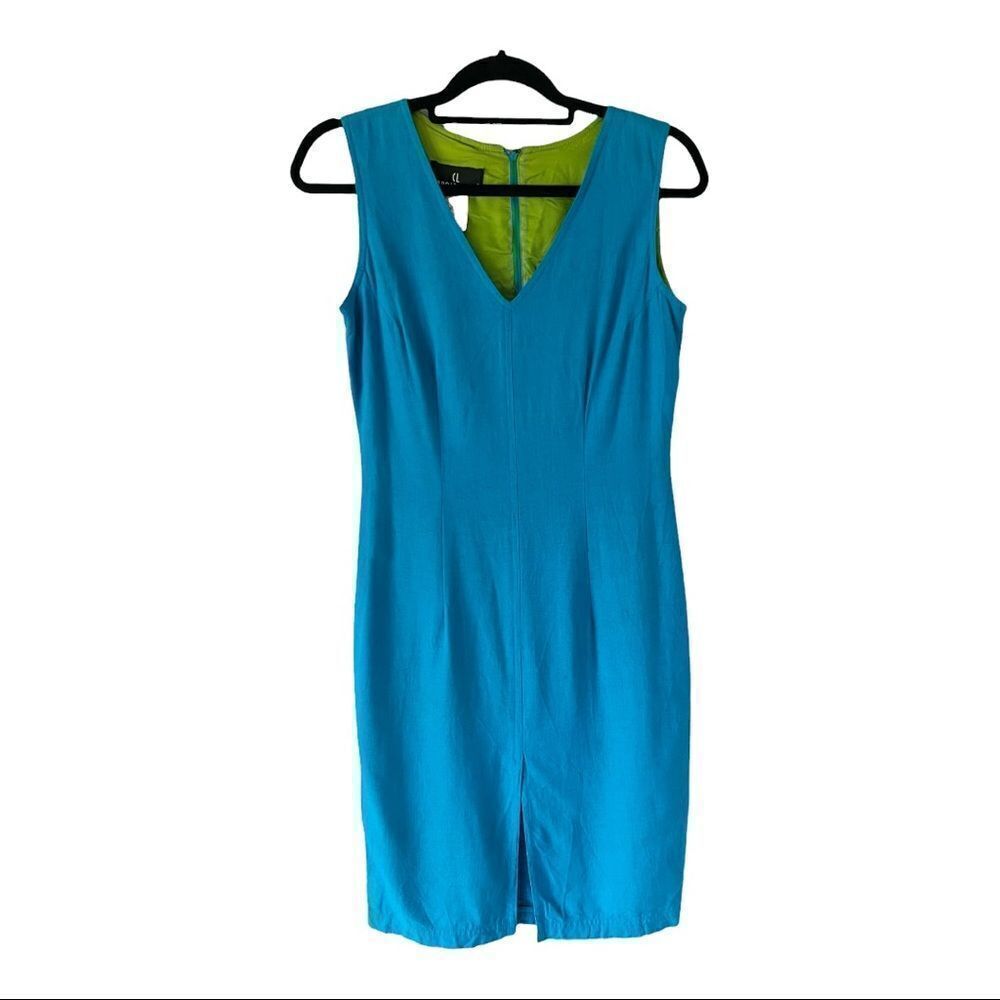 Carole Little Sleeveless‎ Blue V-Neck Linen Blend Midi Dress Size 4
